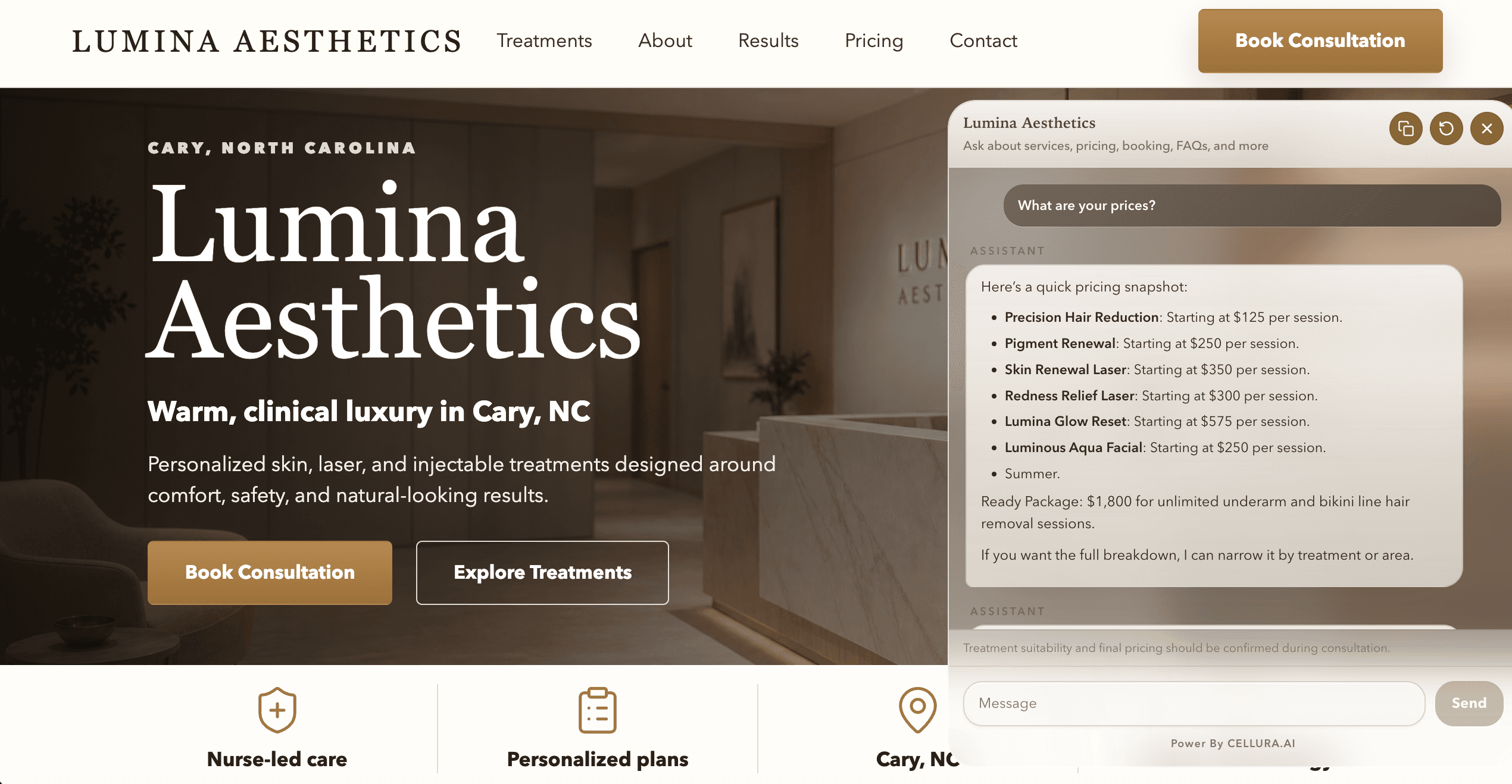 Lumina Aesthetics demo assistant preview
